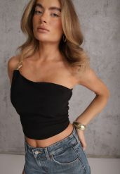 Czarny Top z Wiskozą na Jedno Ramię z Metaliczną Ozdobą Neamedise. Czarne koszule damskie Renee, m, z aplikacjami, z jeansu, z asymetrycznym kołnierzem, bez ramiączek. Za 219.99 zł.