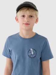 4F T-shirt regular z nadrukiem chłopięcy - granatowy 152 (11-12 lat). Niebieskie t-shirty dla chłopców 4f, bez wzorów, z bawełny, bez ramiączek. W wyprzedaży za 19.99 zł.