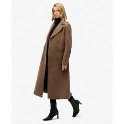 Płaszcz z Mieszanki Wełny z Podwójnym Rzędem Guzików. Brązowe płaszcze damskie Superdry., bez wzorów, z wełny, eleganckie, bez kaptura. W wyprzedaży za 911.85 zł.