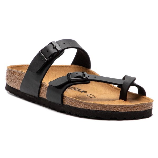Japonki Birkenstock. Czarne klapki damskie Birkenstock, bez wzorów, bez obcasa. Za 289.99 zł.