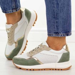 Złoto oliwkowe skórzane sneakersy damskie Jezzi 17-02. Żółte półbuty damskie Jezzi, na jesień, w ażurowe wzory, z dresówki, casualowe, z okrągłym noskiem, bez obcasa, bez zapięcia. Za 259.00 zł.