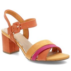 Pomarańczowe Sandały Marco Tozzi Eleganckie Buty Damskie. Brązowe klapki damskie Marco Tozzi, z aplikacjami, bez obcasa, na obcasie, bez zapięcia. Za 189.00 zł.