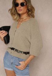 Beżowy Kardigan z Rękawem 3/4 z Dodatkiem Wełny Iffarisse. Brązowe kardigany damskie Renee, bez wzorów, z jeansu, eleganckie, bez kołnierzyka, bez ramiączek, bez kaptura. Za 139.99 zł.
