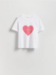 Bawełniany t-shirt z nadrukiem - złamana biel. T-shirty damskie Reserved, l, bez wzorów, z bawełny, bez kołnierzyka. Za 59.99 zł.