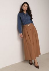 Brązowa Wiskozowa Spódnica o Rozkloszowanym Kroju z Rozcięciem i Paskiem Jaelia. Brązowe spódnice damskie Born2be, l, bez wzorów, z wiskozy, biznesowe, maxi, koszulowe. Za 119.99 zł.