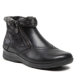 Botki Rieker. Czarne botki damskie Rieker, bez obcasa, na płaskiej podeszwie, bez zapięcia. Za 239.99 zł.