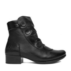 Botki Rieker. Czarne botki damskie Rieker, bez obcasa, na słupku, bez zapięcia. Za 399.99 zł.