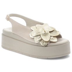 Sandały damskie Chebello, na wysokiej platformie skórzane z ozdobnym kwiatem ze sprzączką, jasnobeżowe, 4645-513. Brązowe sandały damskie CheBello, bez wzorów, ze skóry, bez obcasa, na obcasie, bez zapięcia. Za 319.00 zł.