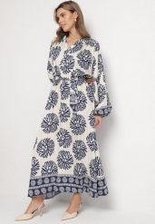 Niebieska Wiskozowa Sukienka Oversize w Etniczny Wzór z Wiązanym Paskiem Florseki. Niebieskie sukienki damskie Born2be, na co dzień, m, bez wzorów, z wiskozy, eleganckie, bez kołnierzyka, bez ramiączek, maxi, oversize. Za 119.99 zł.