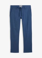 Spodnie chinosy regular fit, z regulowanym wygodnym pasem, straight. Niebieskie eleganckie spodnie męskie bonprix, m, bez wzorów, z materiału. Za 59.99 zł.