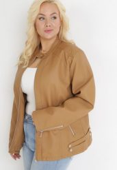 Brązowa Kurtka Ramoneska ze Stójką i Zasuwanymi Kieszeniami Yalevana. Brązowe kurtki damskie Born2be, plus size, bez wzorów, bez kaptura. Za 89.99 zł.