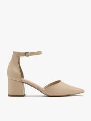 Beżowe czółenka na klocku. Brązowe czółenka damskie Ryłko, bez wzorów, ze skóry, bez obcasa, na słupku, bez zapięcia. W wyprzedaży za 199.99 zł.