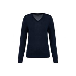 Damski sweter z merynosów z dekoltem v-neck Kariban Premium. Niebieskie swetry damskie KARIBAN, na zimę, bez wzorów, z wełny, eleganckie, bez kołnierzyka, bez ramiączek, bez kaptura. W wyprzedaży za 269.00 zł.