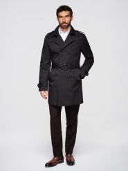 Dwurzędowy elegancki płaszcz męski trencz SLIM FIT z paskiem - czarny V2 - Rozmiar: L. Czarne płaszcze męskie Ombre Clothing, l, bez wzorów, z materiału, eleganckie, bez kaptura. Za 459.99 zł.