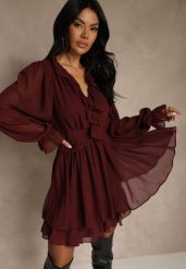 Bordowa Siateczkowa Sukienka o Rozkloszowanym Fasonie z Falbankami Zenniria. Czerwone sukienki damskie Renee, na co dzień, l, bez wzorów, z poliesteru, wizytowe, bez kołnierzyka, bez ramiączek, rozkloszowane. Za 159.99 zł.