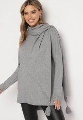 Szary Sweter z Modalem Wiskozą i Szalikiem Ozdobionym Chwostami Lioella. Szare swetry damskie Born2be, l, z aplikacjami, z jeansu, eleganckie, bez kołnierzyka, bez ramiączek, długie, bez kaptura. Za 99.99 zł.