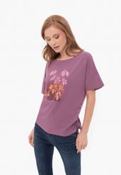 Koszulka z motywem liści T-PLANTS. Fioletowe t-shirty damskie Volcano, s, bez wzorów, z bawełny, bez kołnierzyka. Za 59.99 zł.