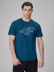 4F T-shirt regular z nadrukiem męski - turkusowy S. Niebieskie t-shirty męskie 4f, m, bez wzorów, z bawełny, klasyczne, bez kołnierzyka. Za 69.99 zł.