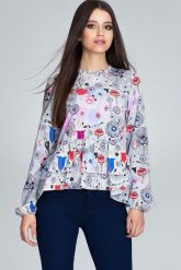 Wzorzysta Bluzka z Podwójną Falbanką - Wzór 73. Brązowe bluzki damskie Figl, l, bez wzorów, z elastanu, bez kołnierzyka, bez ramiączek. Za 189.00 zł.