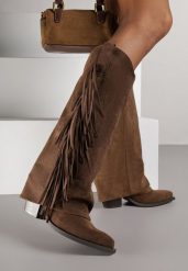 Brązowe Kozaki Kowbojki na Stożku z Cholewką Imitującą Nogawkę z Frędzlami Monettea. Brązowe kozaki damskie Renee, z jeansu, bez obcasa, na obcasie. Za 179.99 zł.