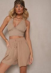 Beżowe Szorty z Bawełny High Waist Ozdobione Wiązaniem Selmio. Brązowe szorty damskie Renee, l, z aplikacjami, z bawełny, eleganckie, z podwyższonym stanem. Za 24.99 zł.