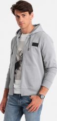 Ombre Męska rozpinana bluza dresowa z kapturem i naszywką szara V1 OM-SSZP-0140 L. Szare bluzy męskie Ombre, l, z aplikacjami, z dresówki, z kapturem. Za 199.99 zł.