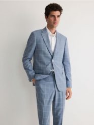 Marynarka slim fit w kratę - niebieski. Niebieskie marynarki męskie Reserved, bez wzorów, z tkaniny. W wyprzedaży za 229.99 zł.