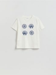 T-shirt z aplikacją - złamana biel. T-shirty damskie Reserved, l, z aplikacjami, z bawełny, bez kołnierzyka. Za 69.99 zł.