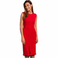 Elegancka sukienka ołówkowa midi rozcięcie na dole i koronka czerwona. Czerwone sukienki damskie Sukienki.shop, do pracy, l, bez wzorów, z elastanu, biznesowe, bez kołnierzyka, bez ramiączek, midi, ołówkowe. W wyprzedaży za 174.00 zł.