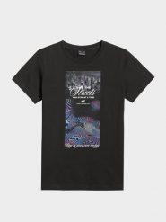 4F T-shirt regular z nadrukiem damski - czarny M. Czarne t-shirty damskie 4f, m, bez wzorów, z bawełny, klasyczne, bez kołnierzyka. Za 69.99 zł.