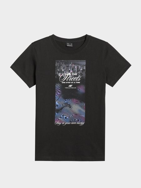 4F T-shirt regular z nadrukiem damski - czarny L. Czarne t-shirty damskie 4f, l, bez wzorów, z bawełny, klasyczne, bez kołnierzyka. Za 59.99 zł.