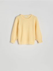 Strukturalny sweter z wiskozą - jasnożółty. Żółte swetry damskie Reserved, l, bez wzorów, z dzianiny, bez kołnierzyka, bez ramiączek, bez kaptura. W wyprzedaży za 79.99 zł.