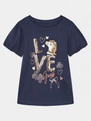 Guess T-Shirt K4RI16 K6YW4 Granatowy Regular Fit. Niebieskie t-shirty i topy dla dziewczynek Guess, z aplikacjami, z bawełny, bez ramiączek. Za 129.99 zł.