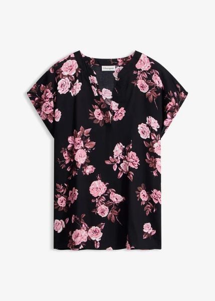 Tunika z wiskozy. Czarne tuniki damskie bonprix, bez wzorów, z wiskozy, eleganckie, bez kołnierzyka, bez ramiączek. Za 82.99 zł.