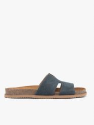 Granatowe klapki. Niebieskie klapki damskie Ryłko, bez wzorów, ze skóry, eleganckie, bez obcasa, na płaskiej podeszwie. Za 349.99 zł.