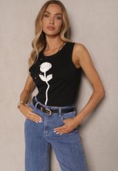 Czarny Top z Bawełny Ozdobiony Kwiatami 3D i Cyrkoniami Aluvella. Czarne bluzki damskie Renee, l, z aplikacjami, z bawełny, eleganckie, bez kołnierzyka, bez ramiączek. Za 39.99 zł.
