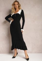 Czarna Sweterkowa Sukienka Midi z Wywiniętym Kołnierzem i Falbankami Totfara. Czarne sukienki damskie Renee, m, bez wzorów, eleganckie, bez kołnierzyka, bez ramiączek, midi. Za 139.99 zł.