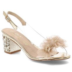 Sandały damskie S.Barski, cholewka z tworzywa ozdobne kwiaty regulowany pasek stabilny obcas elegancki fason, złote, MR61-9009. Żółte klapki damskie S.BARSKI, z aplikacjami, bez obcasa, na obcasie, bez zapięcia. Za 199.00 zł.