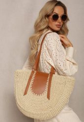Jasnobeżowa Jednokomorowa Torebka z Plecionej Rafii w Stylu Boho Idarkia. Brązowe torebki do ręki damskie Renee, bez wzorów, boho, bez dodatków. Za 79.99 zł.