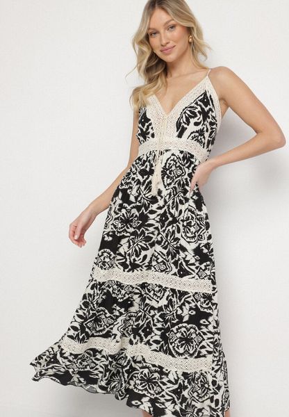 Czarna Bawełniana Sukienka Rozkloszowana w Etniczny Wzór z Koronką Taliosha. Czarne sukienki damskie Born2be, na co dzień, na lato, l, z aplikacjami, z bawełny, eleganckie, bez kołnierzyka, bez ramiączek, dopasowane. Za 69.99 zł.