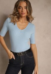 Niebieska Bluzka z Prążkowanej Dzianiny Unarese. Niebieskie t-shirty i topy dla dziewczynek Renee, bez wzorów, z dzianiny, bez ramiączek. Za 49.99 zł.