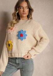 Beżowy Sweter z Wiskozą i Kwiatowym Motywem Labrienna. Brązowe swetry damskie Renee, l, z aplikacjami, z wiskozy, casualowe, bez kołnierzyka, bez ramiączek, długie, bez kaptura. Za 99.99 zł.