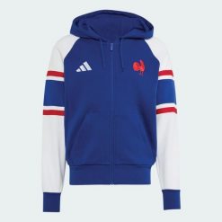 Bluza z kapturem Francja Rugby Travel z suwakiem na całej długości. Niebieskie bluzy męskie Adidas, l, bez wzorów, z bawełny, z kapturem. Za 439.00 zł.