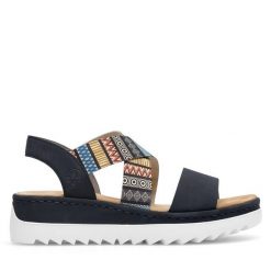 Sandały Rieker. Niebieskie sandały damskie Rieker, bez wzorów, bez obcasa, na płaskiej podeszwie, bez zapięcia. Za 289.99 zł.
