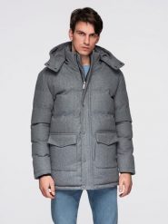 Ciepła długa kurtka męska typu parka z wełną – szary melanż V1 - Rozmiar: XXL. Szare kurtki męskie Ombre Clothing, m, z aplikacjami, z materiału, bez kaptura. Za 569.99 zł.
