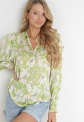 Zielona Kwiecista Koszula z Guzikami i Szerokimi Mankietami Viasa. Zielone bluzki damskie Born2be, l, bez wzorów, bez kołnierzyka, bez ramiączek. Za 74.99 zł.
