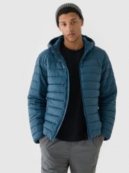 4F Kurtka puchowa z syntetycznym wypełnieniem męska - morska S. Niebieskie kurtki męskie 4f, m, bez wzorów, z dzianiny, klasyczne, z kapturem. W wyprzedaży za 139.99 zł.