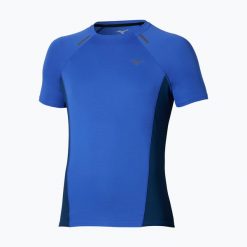 Koszulka do biegania męska Mizuno Active DryAeroFlow Tee. Niebieskie koszulki sportowe męskie Mizuno, m, bez wzorów, z materiału, bez kołnierzyka, bez ramiączek, do biegania. Za 229.99 zł.