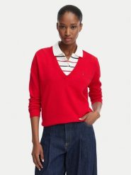 Tommy Jeans Sweter Essential DW0DW19888 Czerwony Regular Fit. Czerwone swetry damskie Tommy Jeans, xxs, bez wzorów, z bawełny, bez kołnierzyka, bez ramiączek, bez kaptura. Za 369.99 zł.