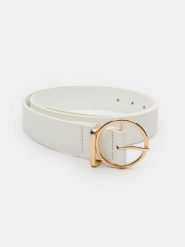 Klasyczny pasek ze złotą klamrą - biały. Białe paski damskie Sinsay, bez wzorów, klasyczne. Za 15.99 zł.